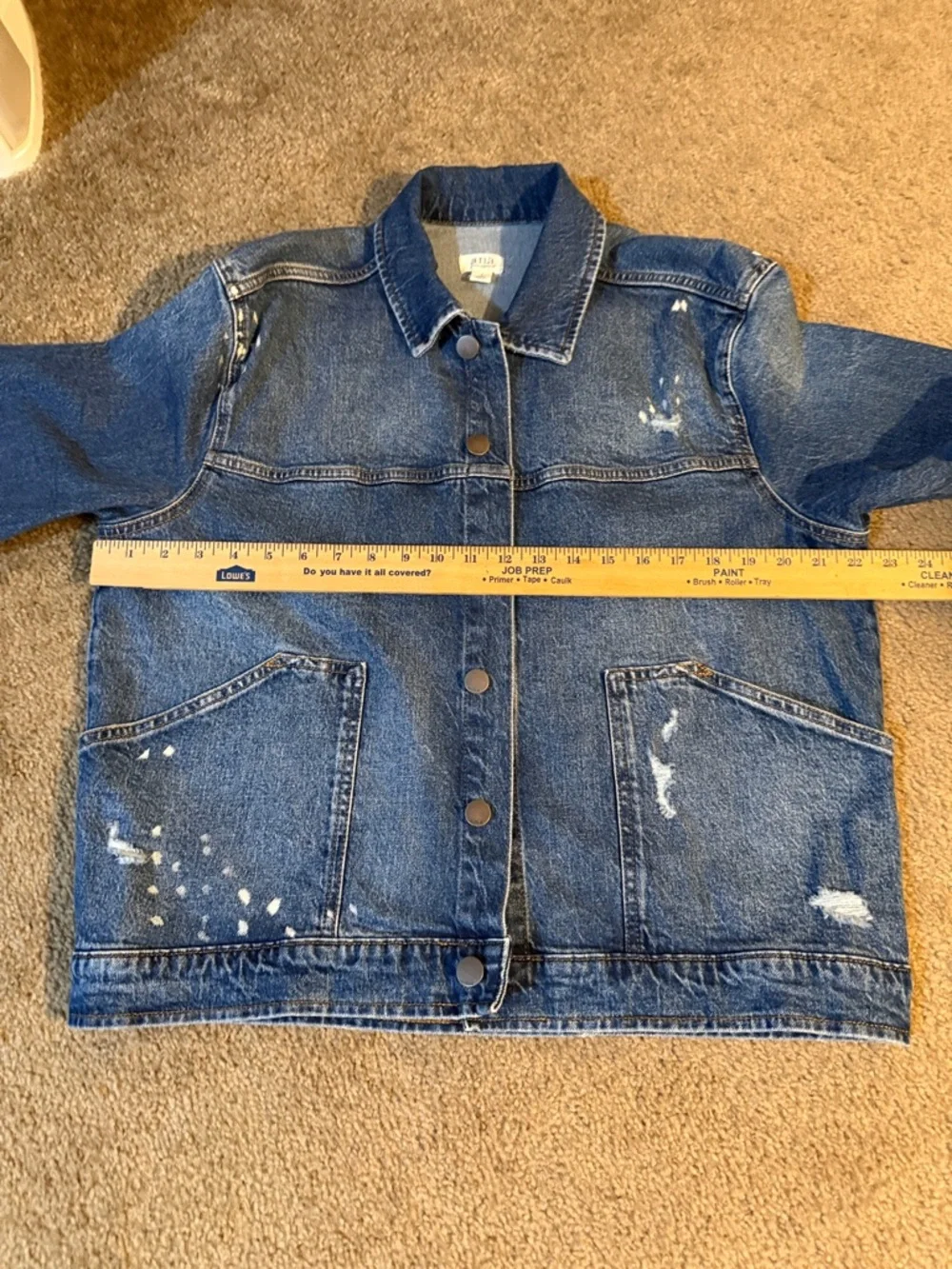 a.n.a. Women’s Distressed Blue Denim Jacket with Paint-Splatter Detail - Picture 4 of 10